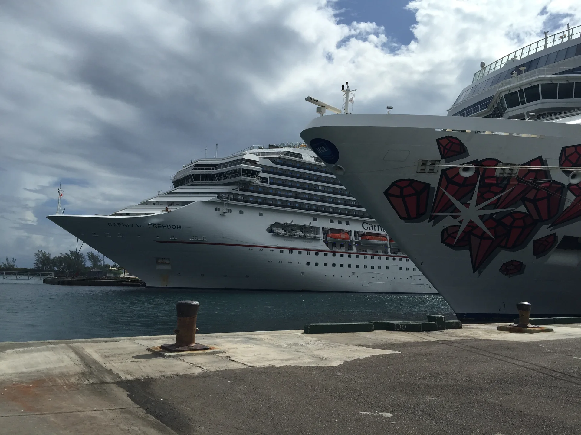 The bow of Norwegian Gem at Nassau with another cruise ship in the background